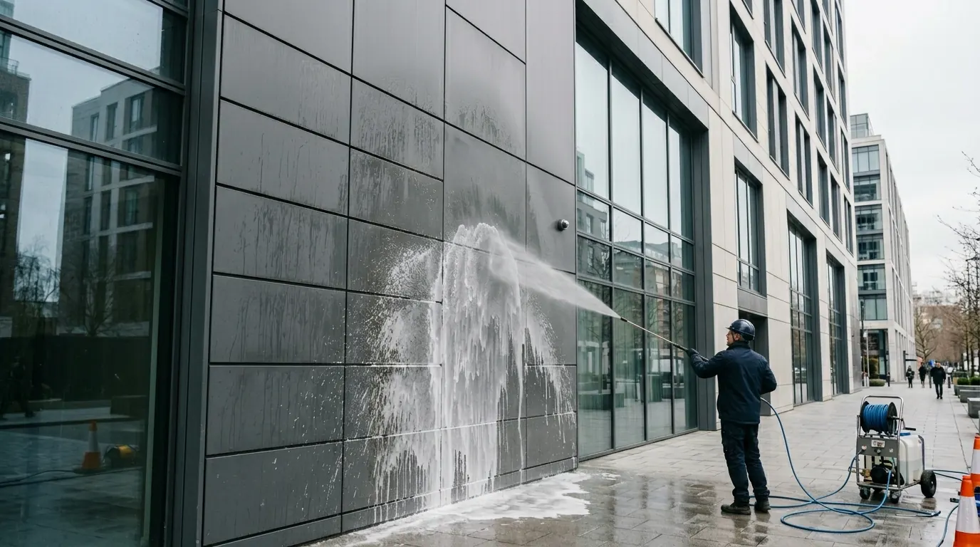 Cladding cleaning: operative soft-washing composite cladding panels at low pressure