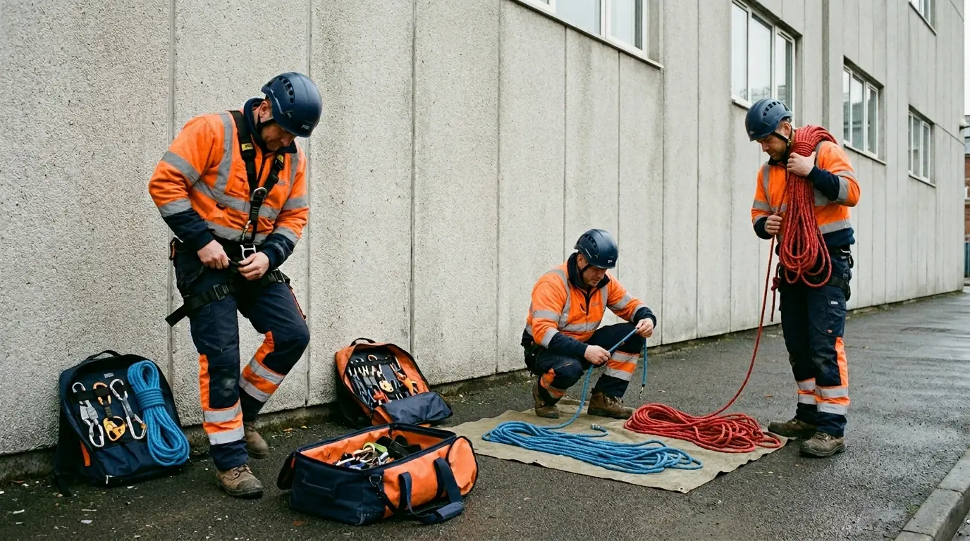 Specialists preparing rope access equipment at the base of a building