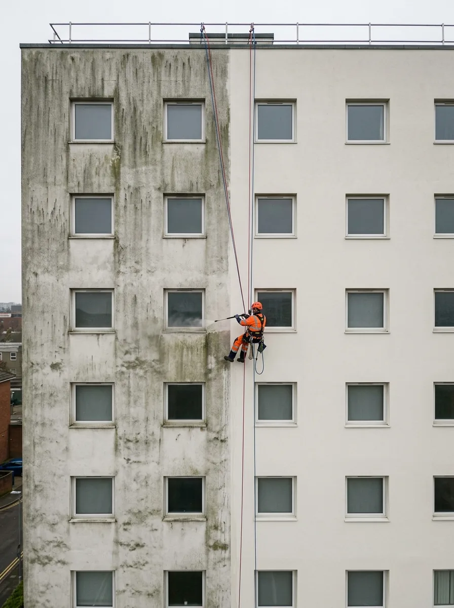 Rope access technician soft washing a high rise render facade, the freshly cleaned half bright white beside the algae stained half