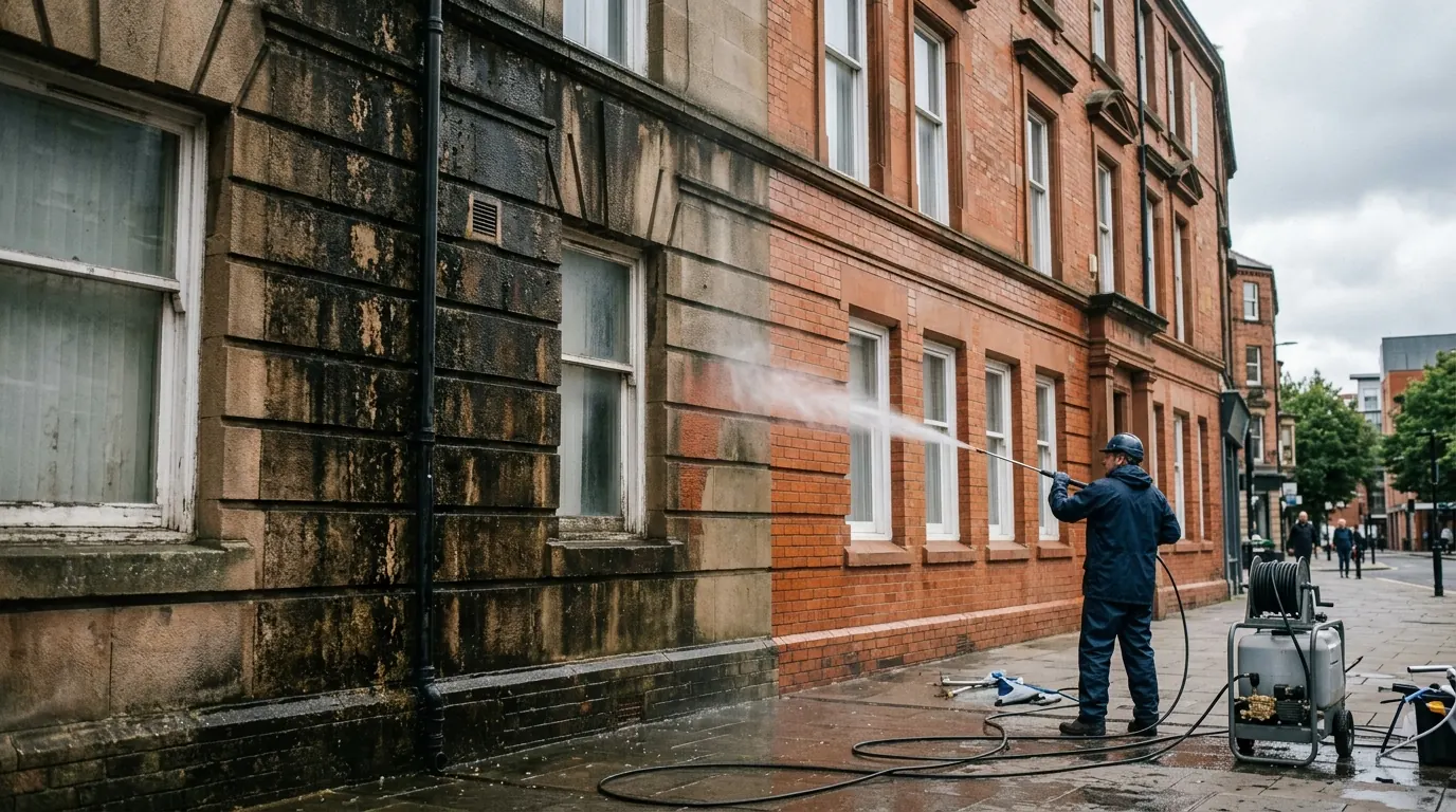 Facade cleaning in Cardiff: a soiled commercial masonry facade being cleaned at low pressure