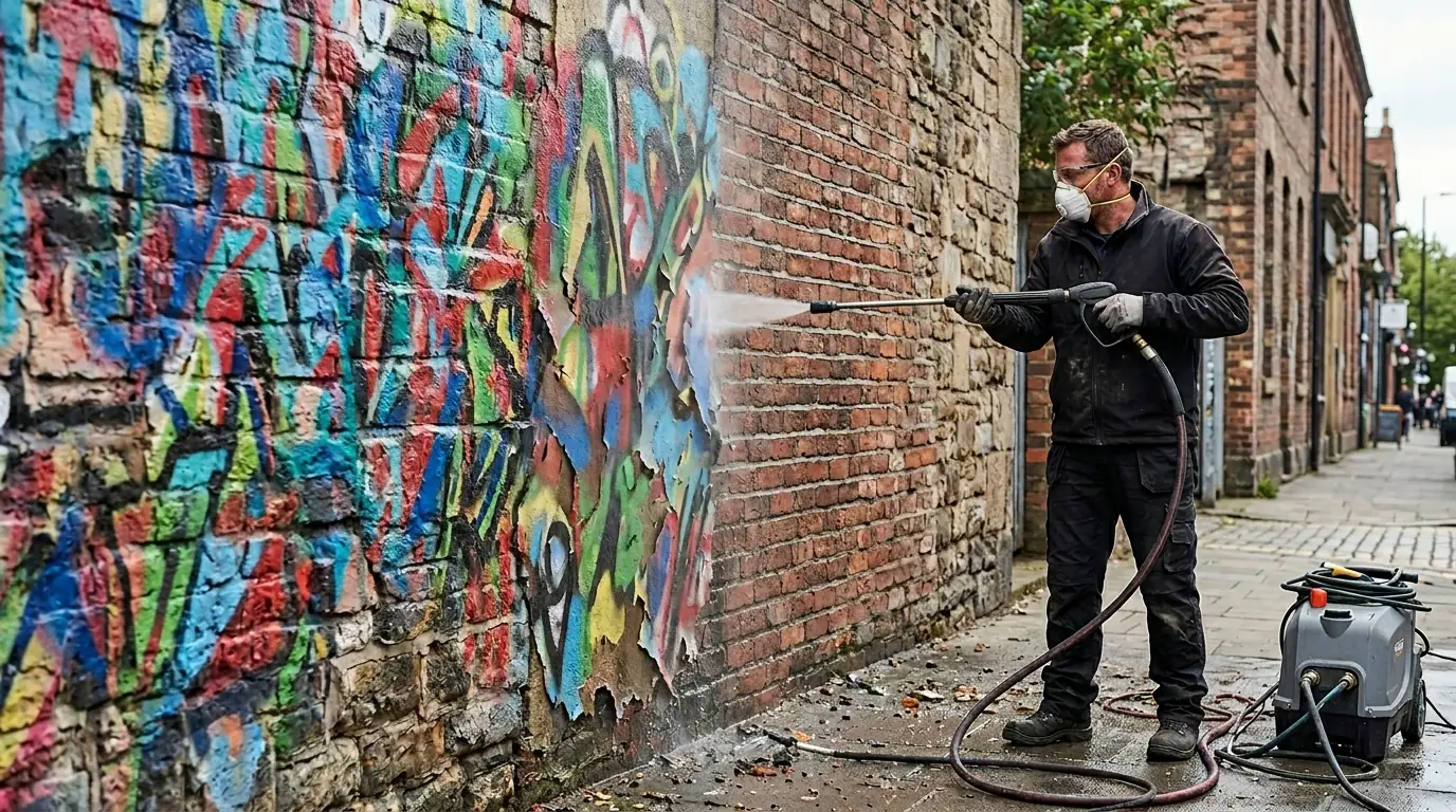 Graffiti removal: operative removing graffiti from a brick wall, clean brickwork emerging