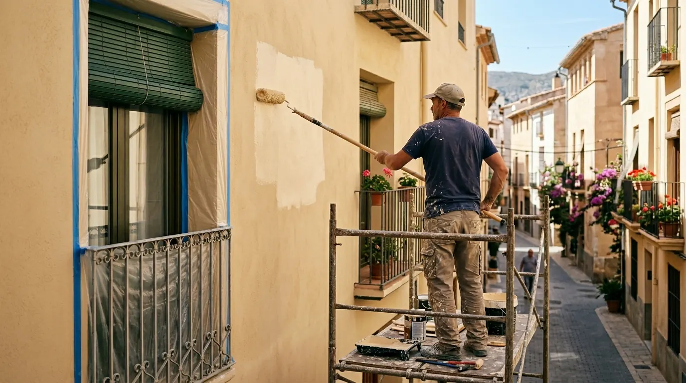 Pintura de fachadas: operario pintando una fachada revocada con rodillo