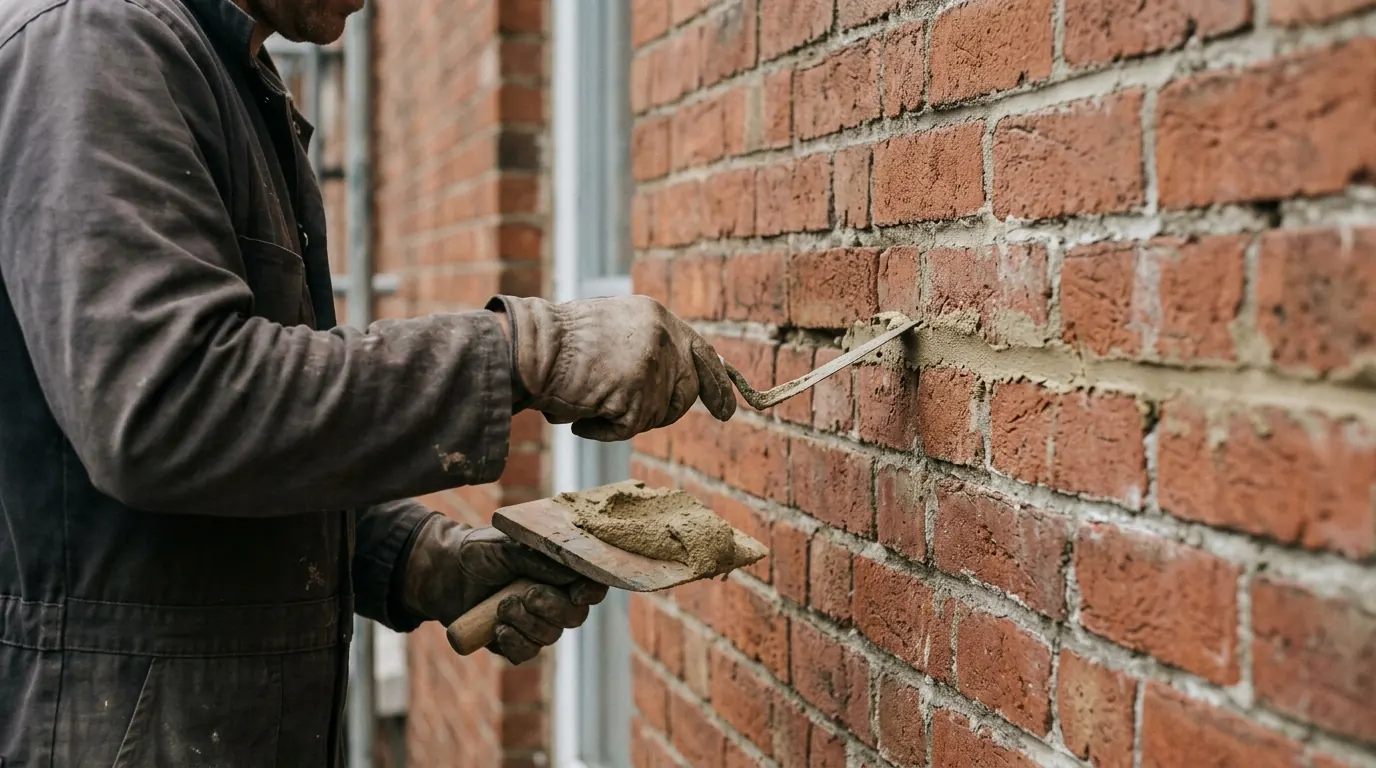 Facade restoration: stonemason repointing the mortar joints of a brick facade