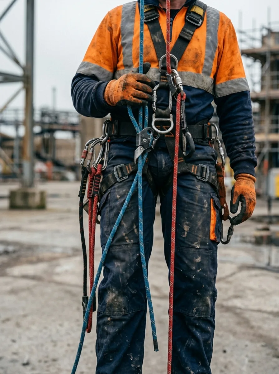 Close up of a rope access technician's harness rigged with twin working and backup ropes, descender, backup device and racked karabiners