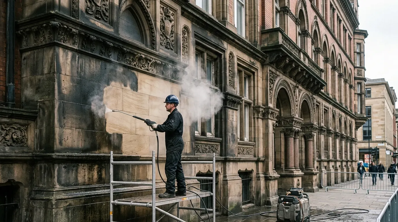 Stone and brick cleaning: heritage stone facade cleaned with low-pressure superheated steam