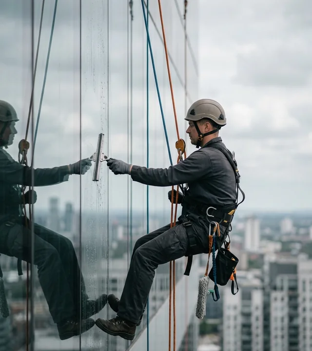 Técnico de trabajos verticales limpiando el acristalamiento de un edificio en altura con cuerda de trabajo y de seguridad