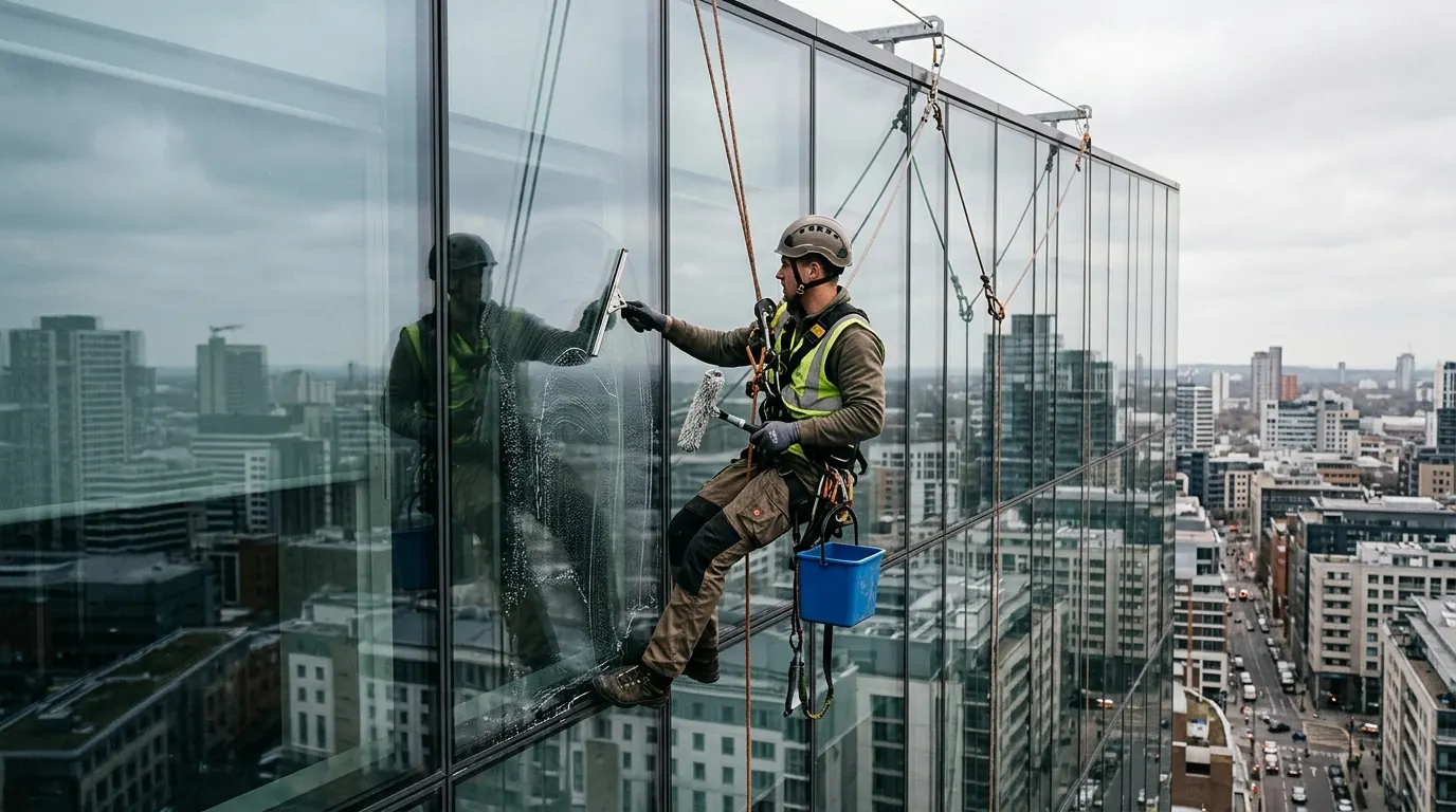 High-rise window cleaning: rope access technician cleaning tower glazing on ropes